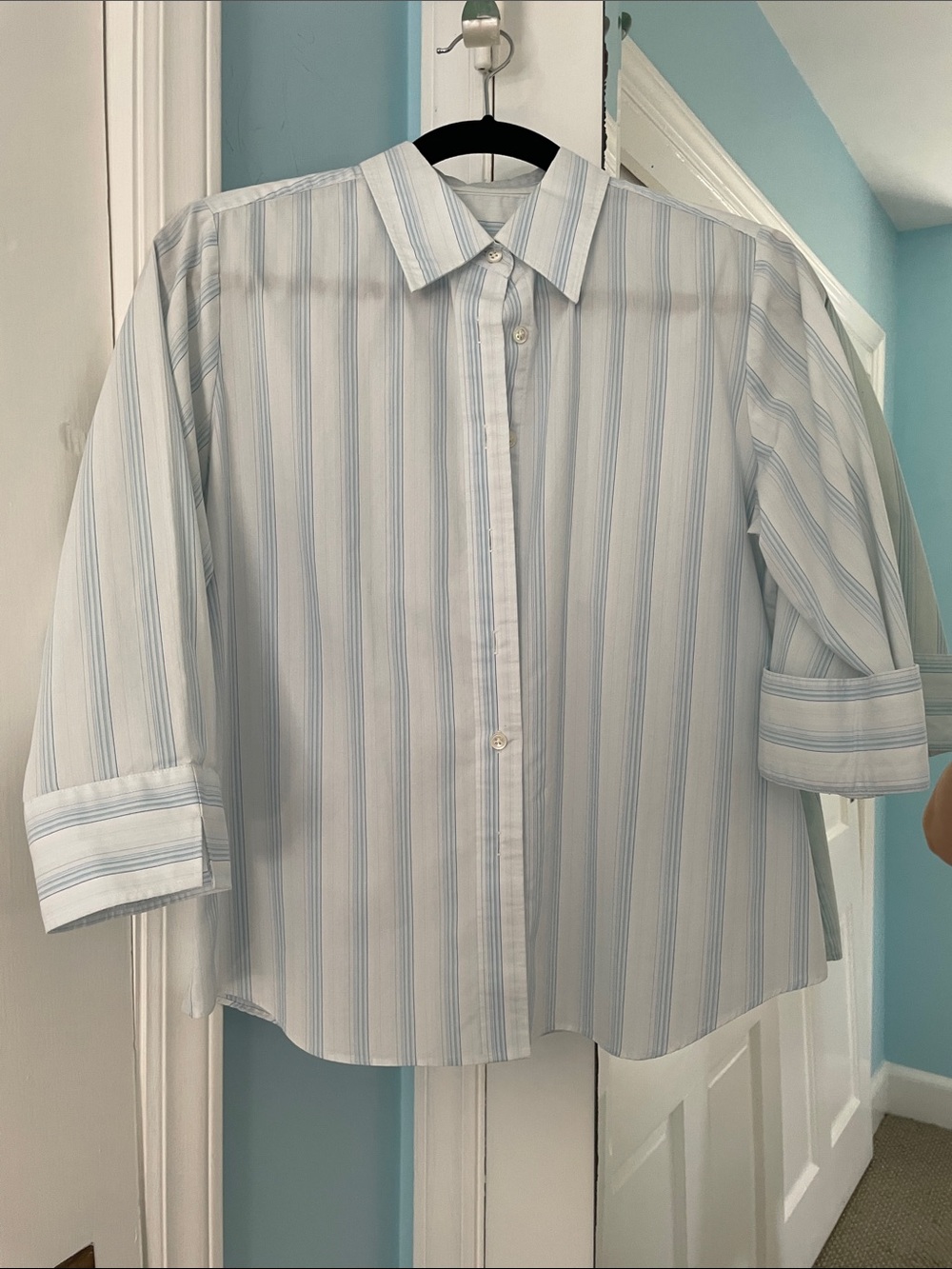 Crisp Women’s  Lands' End No-Iron Cotton 3/4 Sleeve Striped Button Down Shirt